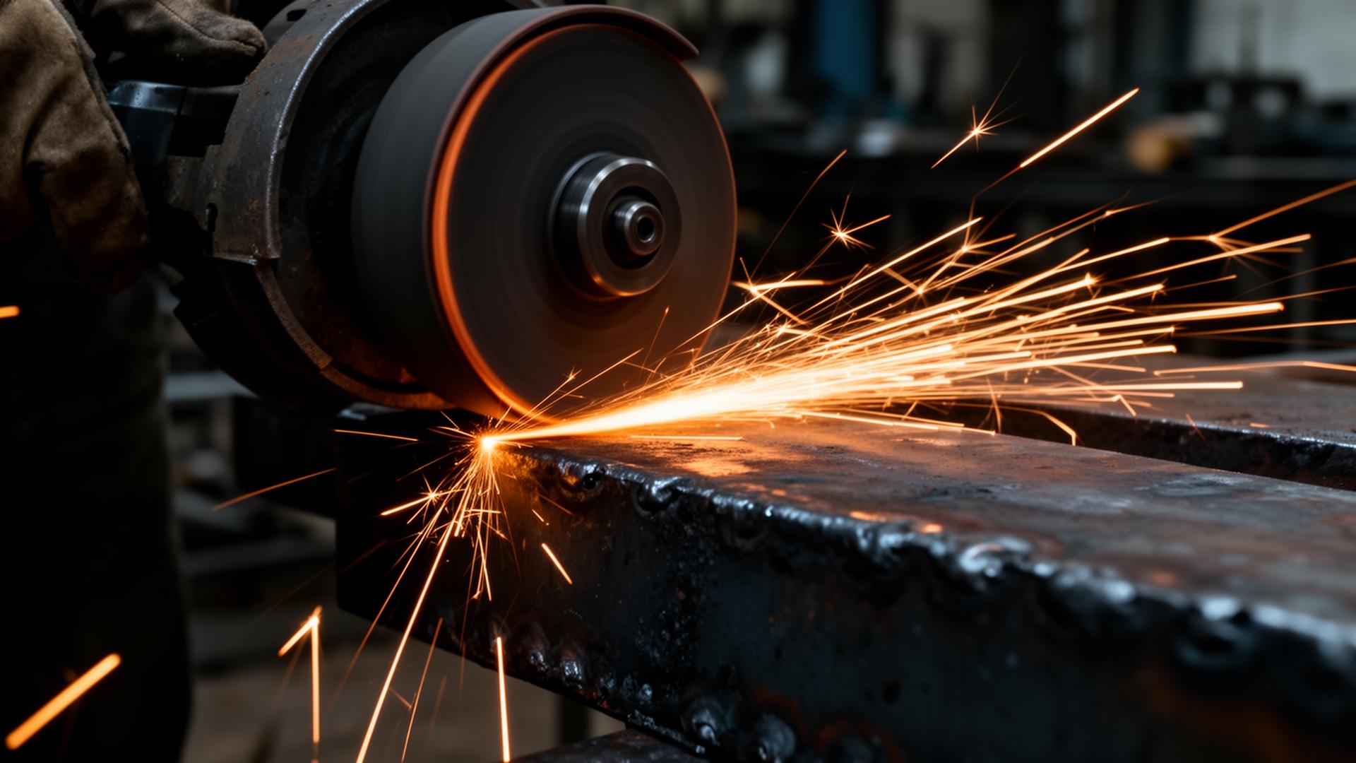 Sparks flying from a metal grinder on blackened steel in a fabrication workshop