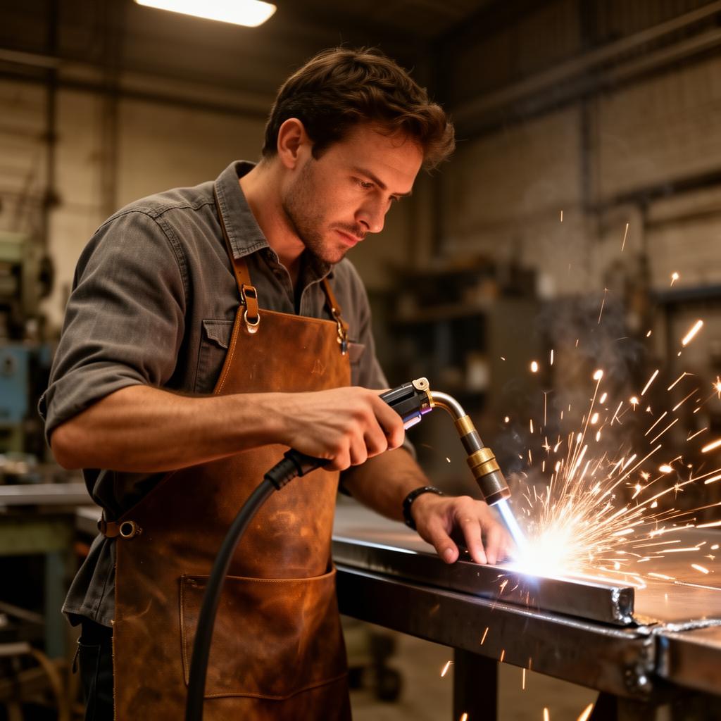 The maker at the welding bench inside the Black Nickel Design workshop